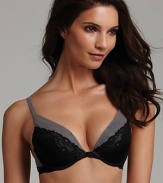 An alluring lace contour bra with contrast lace trim along neckline and wings.