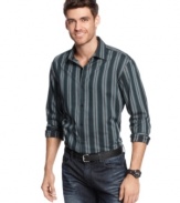 Add a new dimension to your everyday wear with thick stripes on this Alfani BLACK shirt.