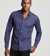 Gingham goes from stuffy to smooth with this slim fit button down from Theory featuring a multi-blue print.