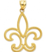 A symbol of the French monarchy, the iconic Fleur de Lis is in a league all its own. This pretty cut-out charm features a patterned surface in 14k gold. Chain not included. Approximate length: 1-1/5 inches. Approximate width: 9/10 inch.