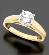 A stunning round-cut diamond (1 ct. t.w.) engagement ring set in 14k gold bears a traditional design she'll adore.