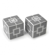 Anything but square, the Nixon salt and pepper shakers from Jonathan Adler shape things up with a fantastic geo print in gray, white and dazzling platinum.