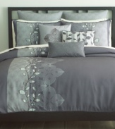 Fresh perspective. Featuring an appliqué-and-embroidery leaf motif along with contrast dot designs, Bryan Keith's Oxford comforter set offers a modern appeal in tones of deep purple and soft gray and green. Quilted European shams and delicately embroidered decorative pillows complete this set with careful attention to detail. Comforter reverses to the same print as the stripe design in the leaf appliqué.