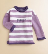 Stripes lend whimsy to this beautifully crafted pure cotton sweater perfect for girls and boys alike. A rolled neckline, hem and cuffs add small touches of contrast color. Rolled detailCottonMachine washMade in USAFOR PERSONALIZATION Select a quantity, then scroll down and click on PERSONALIZE & ADD TO BAG to choose and preview your personalization options. Please allow 4-6 weeks for delivery. 