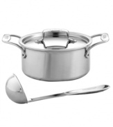 Meet your soup chef! Five alternating layers of aluminum and stainless steel provide superior heat distribution and retention and eliminate hot spots, so that meals are moisture rich and full of incredible flavor. The flared edges of the soup pot and included stainless steel ladle are perfect for dishing out your hearty favorites.  Lifetime warranty.