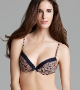 A crepe push-up bra in a cool print with lace trim.