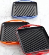 A compact cast iron grill fits conveniently over one burner to draw out rich flavor and instill distinct char lines on shrimp, chicken, beef and more. Grill year round with this ribbed skinny cooking surface, which has an enamel finish that distributes heat evenly and quickly.  Lifetime warranty.