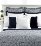 The rich look of paisley brings tailored texture to your bedroom in this Navy Paisley Suite duvet cover from Lauren Ralph Lauren. Trimmed with a 2 border and luxurious hemstitching over 383-thread count woven jacquard, this design combines traditional beauty with studied, modern appeal.