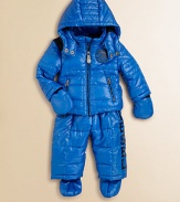 Quilted puffer design makes this snowsuit perfect for everything from snowball fights to beginner ski lessons. Stand collar with double snap closure and zip-out hood Front zip closure Dual zip pockets Removable mittens and footies attached with snap closures Pants have changeable suspender straps with snap closures Pants have an elastic waist Polyester Nylon lining Machine wash Imported