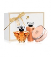 For the Holiday, TRESOR captures the spirit of eternal love. This collection combines the elegance of rose, muguet and lilac with the sparkle of peach and apricot blossom for an elegant and radiant fragrance. Gift Set Contains: Tresor 3.4 oz. Fragrance Spray, Tresor 5.3 oz. Body Creme, Tresor 3.4 oz. Shower Gel. 