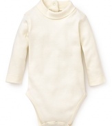 A mock neck adds a unique touch to this basic cotton bodysuit from Pearls & Popcorn.