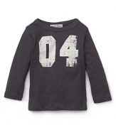 He'll love the vintage appeal of this cute long sleeve shirt in soft cotton slub, with distressed lettering detail.