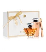 For the Holiday, TRESOR captures the spirit of eternal love. This collection combines the elegance of rose, muguet and lilac with the sparkle of peach and apricot blossom for an elegant and radiant fragrance. Gift Set Contains: Tresor 1 oz. Fragrance Spray, Tresor 3.4 oz. Body Lotion, Tresor 0.34 oz. Purse Spray. 