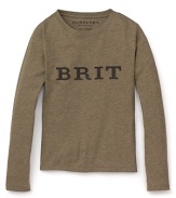 Luxe leather spells out Burberry's signature BRIT lettering on the front of this classic crewneck tee.