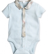 Bring up baby in Burberry: a soft blue bodysuit trimmed with classic plaid.