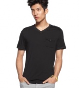 Upgrade your casual style with this v-neck t-shirt with tonal striping and epaulet details from Kenneth Cole Reaction.