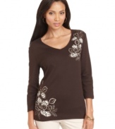 Floral embroidery, beading and leopard applique beautifully embellish Karen Scott's three-quarter sleeve top.