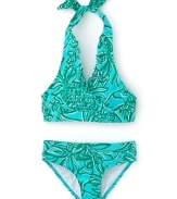 This Lilly Pulitzer bikini celebrates the sunshine with a frilly ruffle trimmed halter and stay-put bottoms in a classic Lilly print.