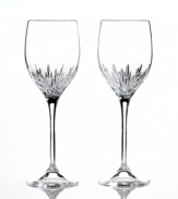 Turn formal affairs into true celebrations with Duchesse wine glasses from Vera Wang. The renowned bridal designer marries a tapered bowl and blazing starburst cut with a beautifully flared stem, all in radiant crystal.