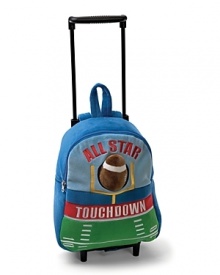 From Gund, an cool colorblock packpack on wheels, with an expandable handle and plush football tucked in the back pocket.