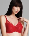 Floral lace overlay and a retro-inspired silhouette lend allure to this full figure underwire bra from Wacoal.