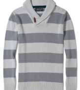 Keep warm in this handsome and sporty pullover stripe shawl sweater by Retrofit.