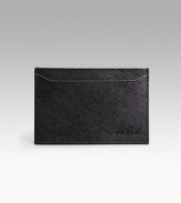 Calfskin leather credit card case with embossed logo. 4W X 2¾H Made in Italy 