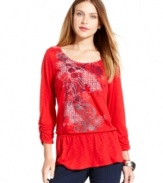 Style&co. makes this printed petite top vibrant with bold color, studded detail and a fun drop-waist silhouette.