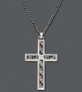 Made of strong metal, this cross necklace symbolizes the ultimate long-lasting gift of faith. Cross pendant crafted with stainless steel and carbide. Featured on a diamond accent curb chain.  Approximate length: 24 inches. Approximate drop: 1-1/2 inches.