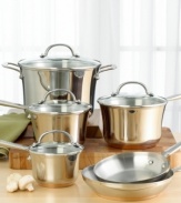 A complete set of dependable cookware from a name you know and trust. This 10-piece set is designed with an innovative combination of heat-responsive copper and durable stainless steel for optimum cooking and cleaning results. Tempered glass lids allow you to monitor foods and lock in flavors and nutrients for tender, tastier creations. Set includes: 1.25, 2.5 and 3.5 quart covered saucepans, 8 quart covered stock pot, and 8 and 10 skillets. Lifetime limited warranty.