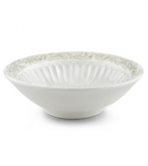 With a raised pattern of cascading vines on the rim and elegant fluting inside, this fruit bowl brings distinctly vintage style to the table. Coordinates with Butler's Pantry dinnerware and dishes collection. Qualifies for Rebate