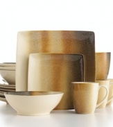 Bands of warm earth tones fade in and out on the contemporary-cool Nouveau dinnerware set by Sango. Featuring square plates with round accessories, all in dishwasher-safe stoneware.