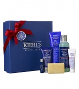 Rev him up to face every day with this collection of classic Kiehl's formulas for men. Collection includes Facial Fuel Energizing Face Wash (8.4 oz.), Ultimate Brushless Shave Cream White Eagle (5.0 oz.), Facial Fuel Energizing Moisture Treatment For Men (2.5 oz.), Facial Fuel No-Shine Moisturizing Lip Balm (0.17 oz.), Ultimate Man Body Scrub Soap (3.2 oz.) and Ultimate Strength Hand Salve (1 oz.). 