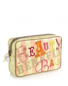 Stash your beauty loot inside this beautifully detailed, coated-canvas makeup bag. The spacious benefit travel beauty bag features a playful, feminine print, clear interior zippered pocket, and charming zipper pulls. Durable & high quality, it stays impressively clean through all your beauty adventures. Dimensions: L 10 x W 3 x H 6 3/4