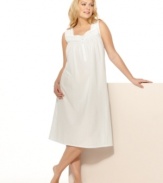 A beautiful, cotton classic. This sleeveless nightgown by Charter Club features lace trim, a partial button front and embroidered dots.