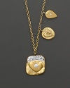 Gold/diamond square necklace with diamond heart accent and gold leaf and heart charms on chain. Designed by Meira T.