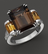 Pavé diamonds and citrine baguettes frame a 6.09 ct. t.w. smoky quartz, set in 18K white gold.