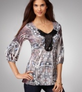 One World's romantic top mixes richly-layered prints and shimmering sequins for an all-out fabulous look!