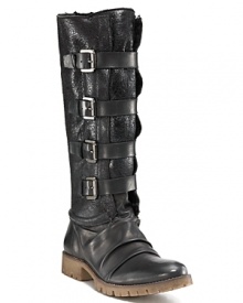 Go bold with the tall, buckled shaft of these tough leather boots from Boutique 9. Forward, march!