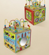 This delightful activity cube on a turning base features a curvy maze, racing rollers, spinning gears, peek-a-boo mirror and spin-and-match pictures.About 12W X 16.5H X 12DSuitable for ages 1 year and upImported