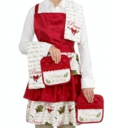 Extend holiday cheer to the kitchen with this three-tiered Christmas Peace and Joy apron. Words of inspiration and holiday greens contrast red holly damask to inspire busy holiday chefs.