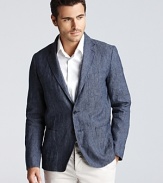 This crisp denim blazer is crafted in a lightweight linen and cotton blend, bringing a certain sophistication to a an everyday material.