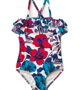 All ruffles and flower print, this cute bandeau one-piece swim suit is designed for stylish fun in the sun.