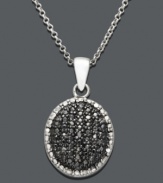 Complete your whole look with bold black black sparkle and versatile design. Oval-shaped pendant features round-cut black diamonds (1/4 ct. t.w.) trimmed with white diamond edges. Crafted in sterling silver. Approximate length: 18 inches. Approximate drop: 7/8 inch.