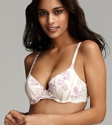 An ultra soft floral print bra with lace accents at front and along wings.