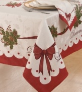 Accent the table in seasonal beauty with Homewear's Christmas Peace and Joy placemats. Red bows embellish holly damask for graceful – and in a machine washable blend – easy entertaining.