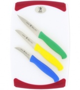 A must-have for the mixologist! Master the art of cocktail hour with this precision set, which includes three colorful paring knives perfect for slicing, peeling & chopping and a durable cutting board ideal for prepping and presenting your garnishes and ingredients.