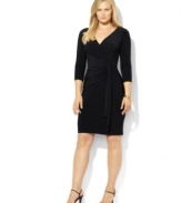 The perfect mix of comfort and style, Lauren Ralph Lauren's feminine plus size dress is crafted from stretch matte jersey with a flirty surplice neckline and cascading ruffle at the front.