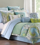 This decorative pillow offers an embroidered design in lime green that creates a luminous accent to the Sardinia bedding collection from Echo.