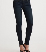 Body-skimming stretch denim finished in an ultra-chic dark rinse.Mid-rise waist Zip-fly Five-pocket style Inseam, about 31 69% rayon/29% cotton/2% polyuretahne Machine wash Made in USA of imported fabric